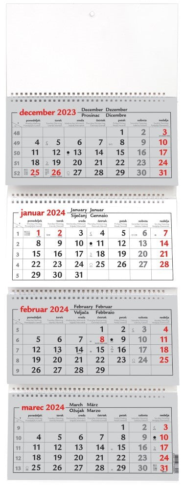 Štiridelni koledar sivo-rdeč, špirala